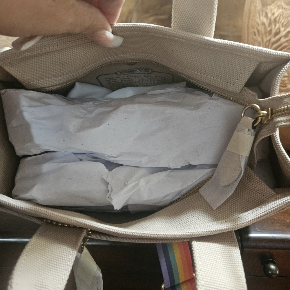Coach Beige Canvas Tote Bag with Rainbow Accents With Straps - Picture 3 of 14